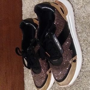 Michael Kors Monroe Mixed Media Trainer Women’s Rose Gold Glitter Mesh Size 6.5